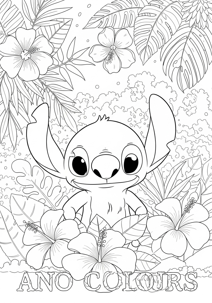 Desenho do Stitch com flores para imprimir e colorir
