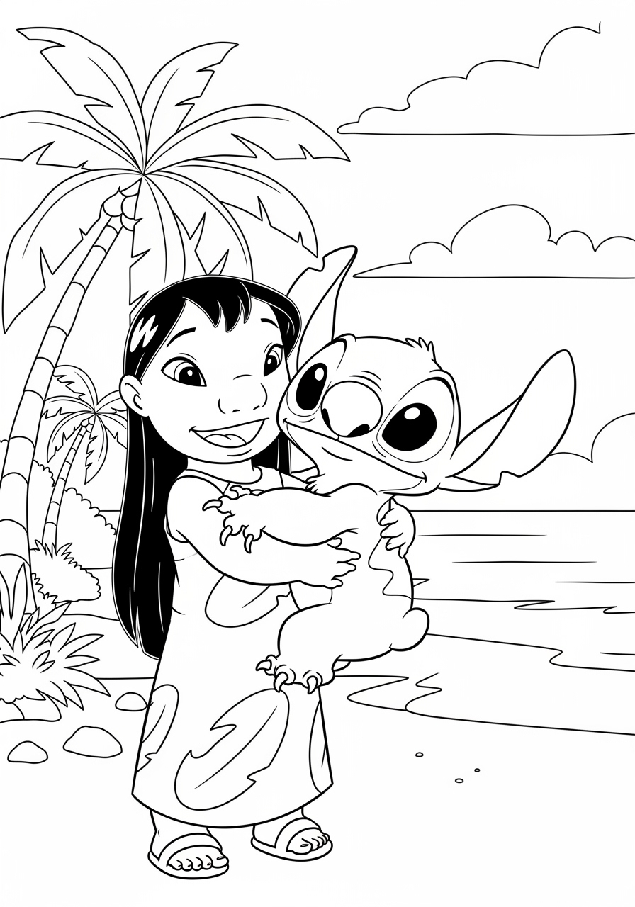 Desenho do Stitch e Lilo na praia para imprimir e colorir