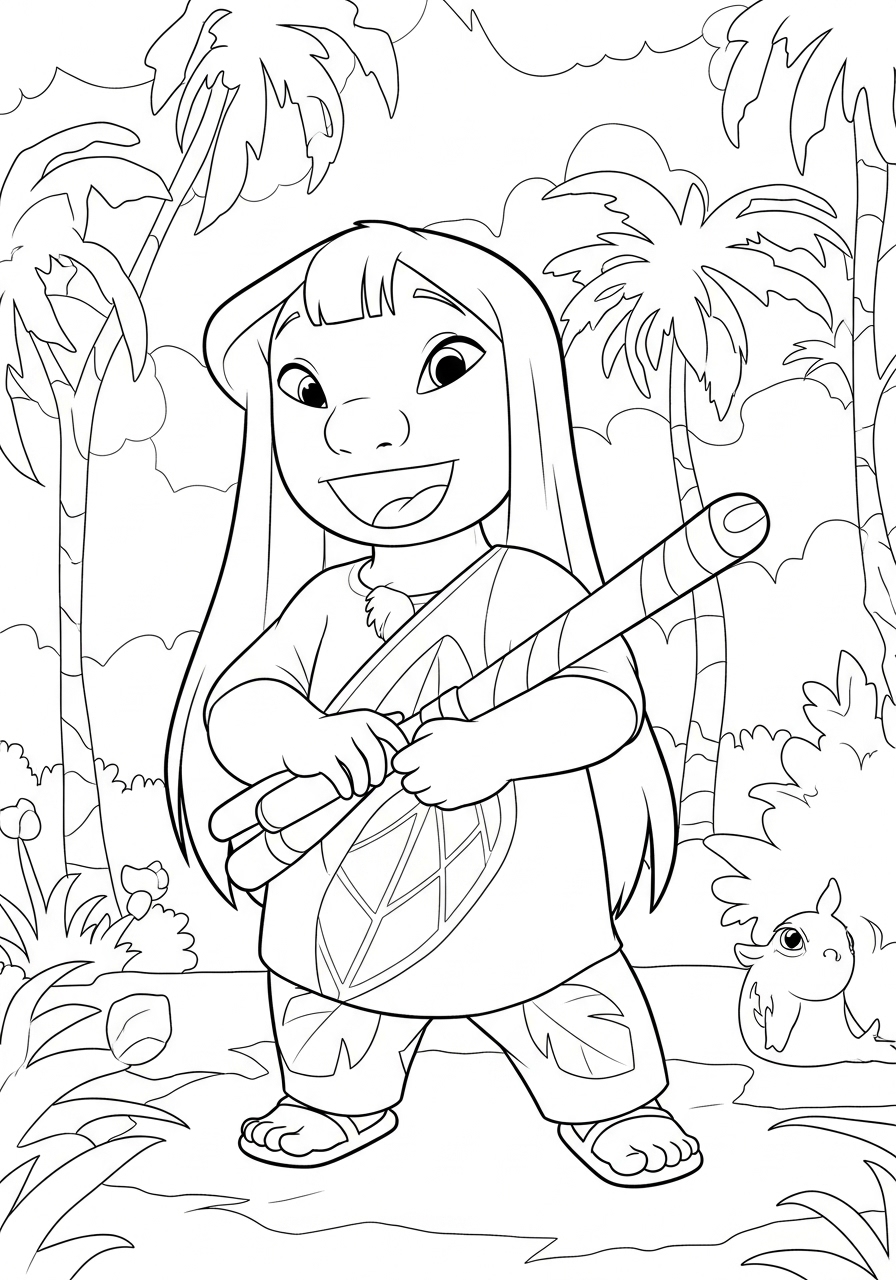 Desenho de Lilo com um bastão em ambiente tropical para colorir
