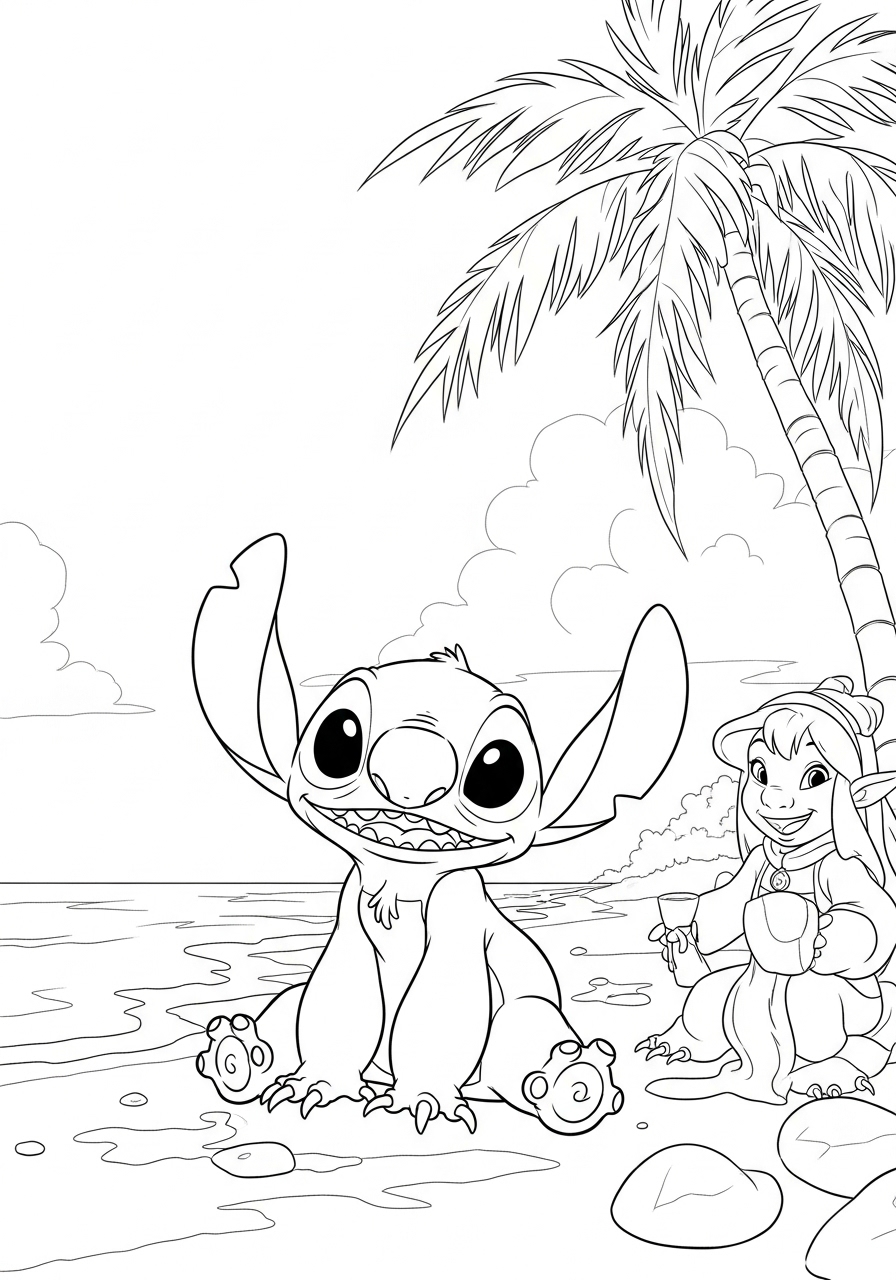 Desenho do Stitch e Lilo na praia para colorir e imprimir