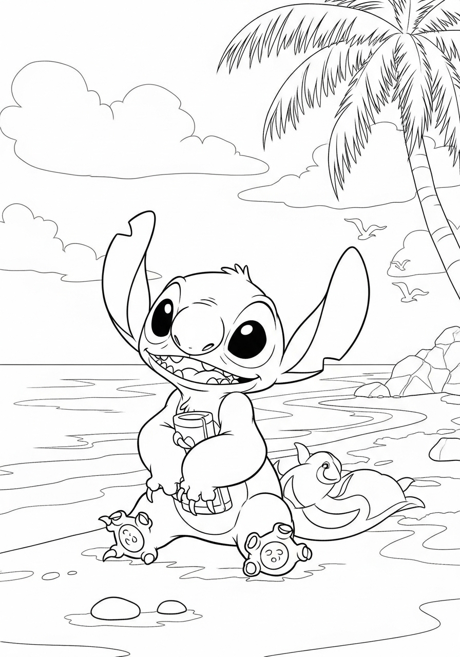 Desenho do Stitch na praia com um refrigerante para colorir