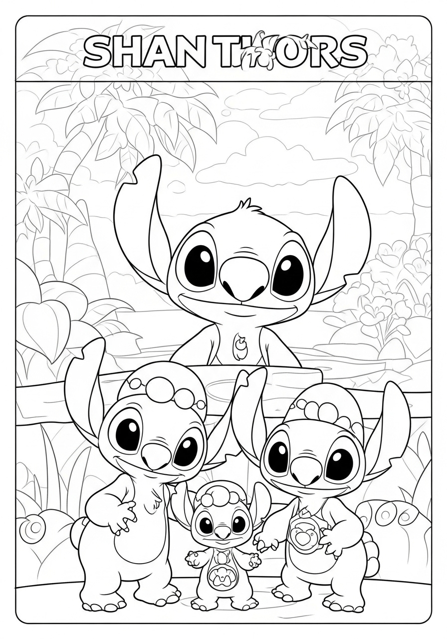 Desenho do Stitch e seus amigos para imprimir e colorir