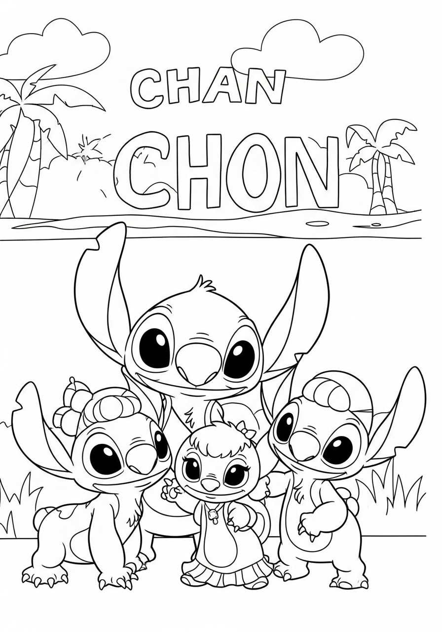 Desenho do Stitch e amigos na praia para imprimir e colorir