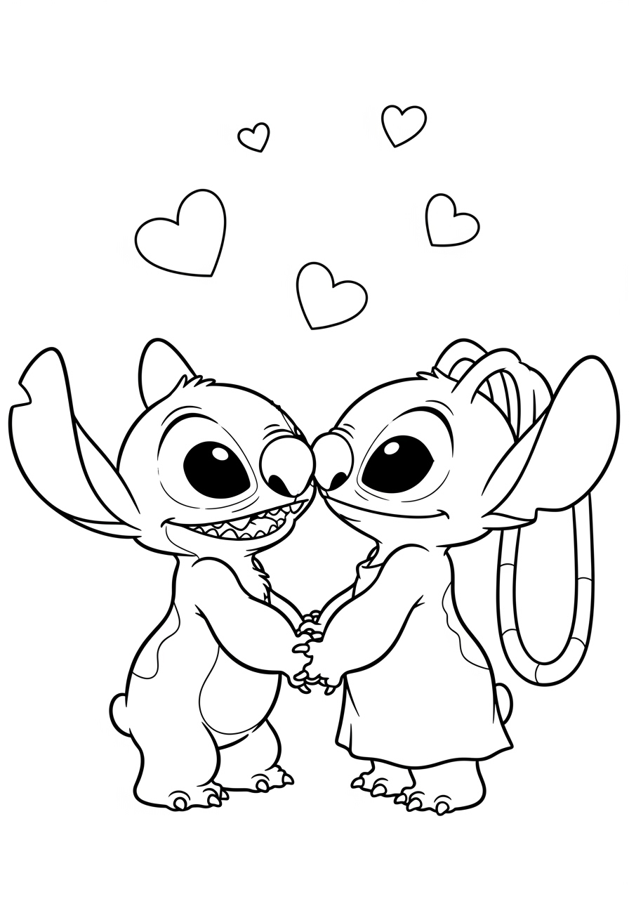 Desenho do Stitch e Angel se abraçando para colorir