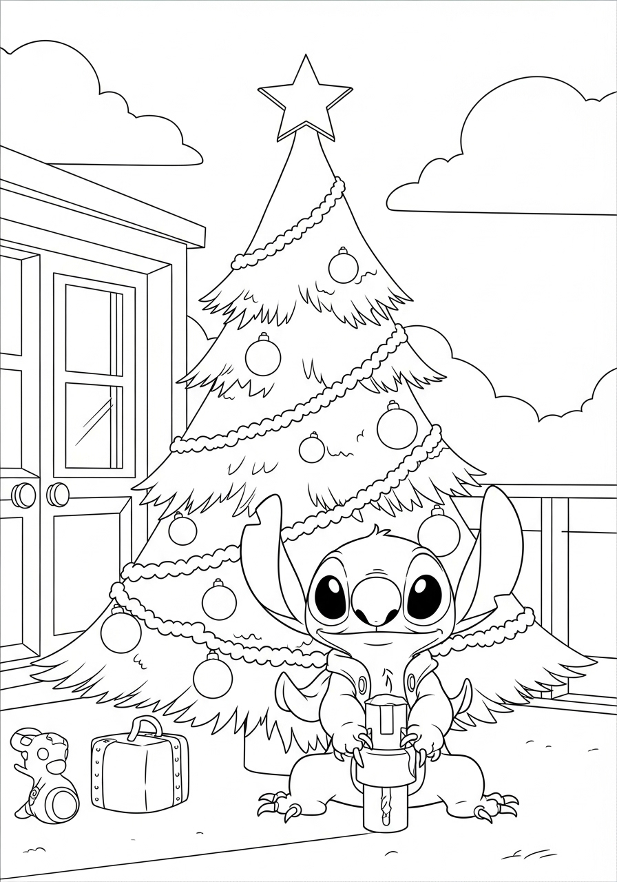 Desenho do Stitch segurando um presente ao lado da árvore de Natal