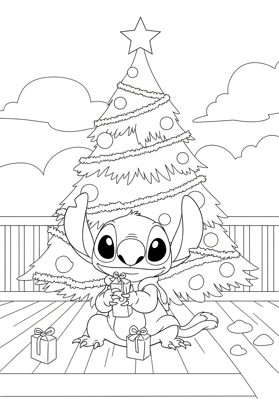 Desenho do Stitch segurando presente perto da árvore de Natal