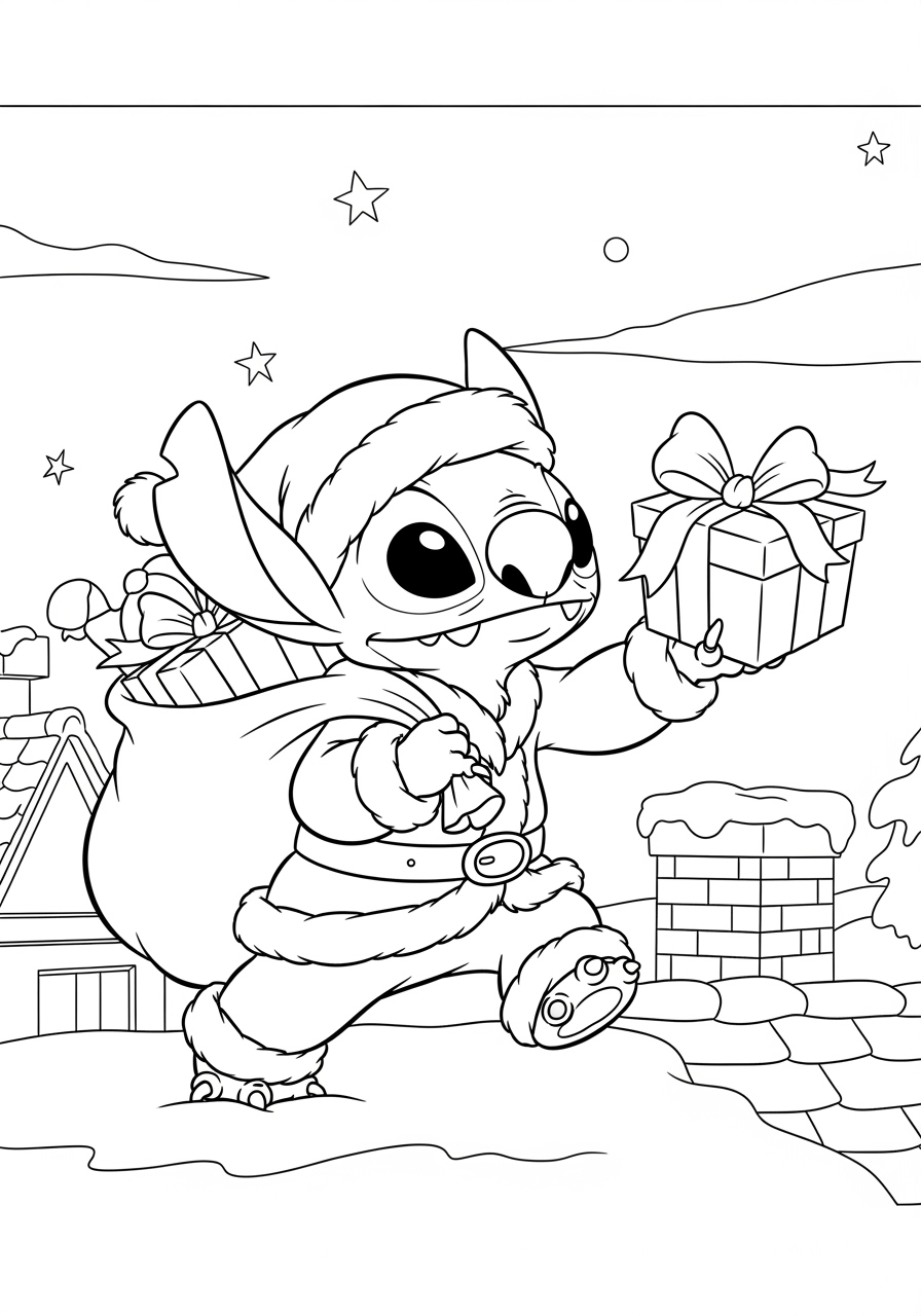 Desenho do Stitch vestido de Papai Noel segurando presente