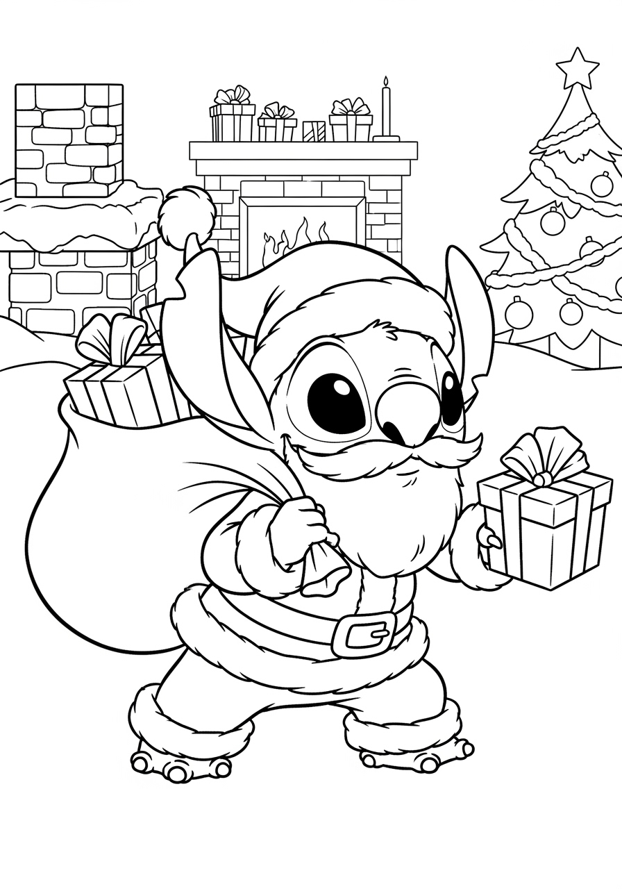 Desenho do Stitch vestido de Noel com presentes para colorir