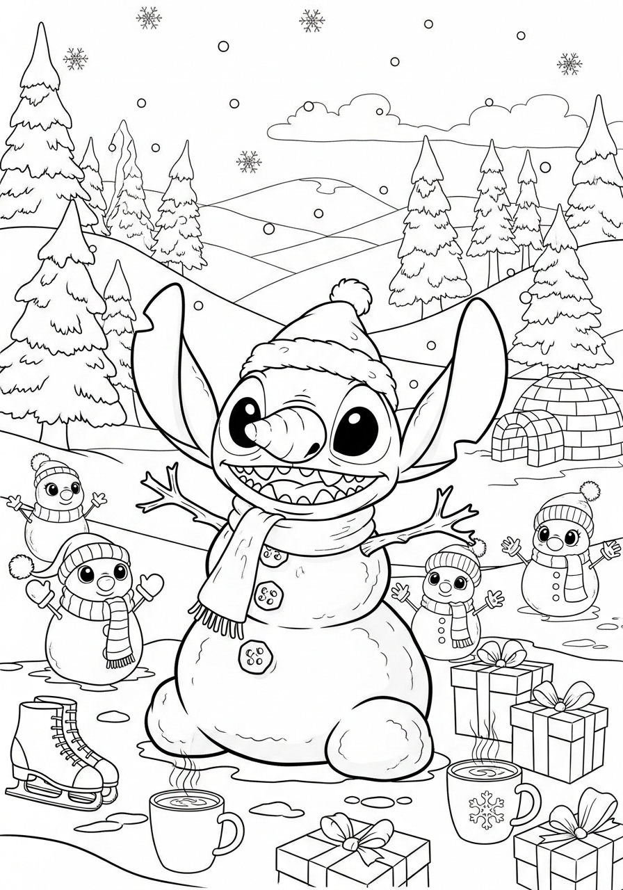 Desenho do Stitch vestido de neve para imprimir e colorir