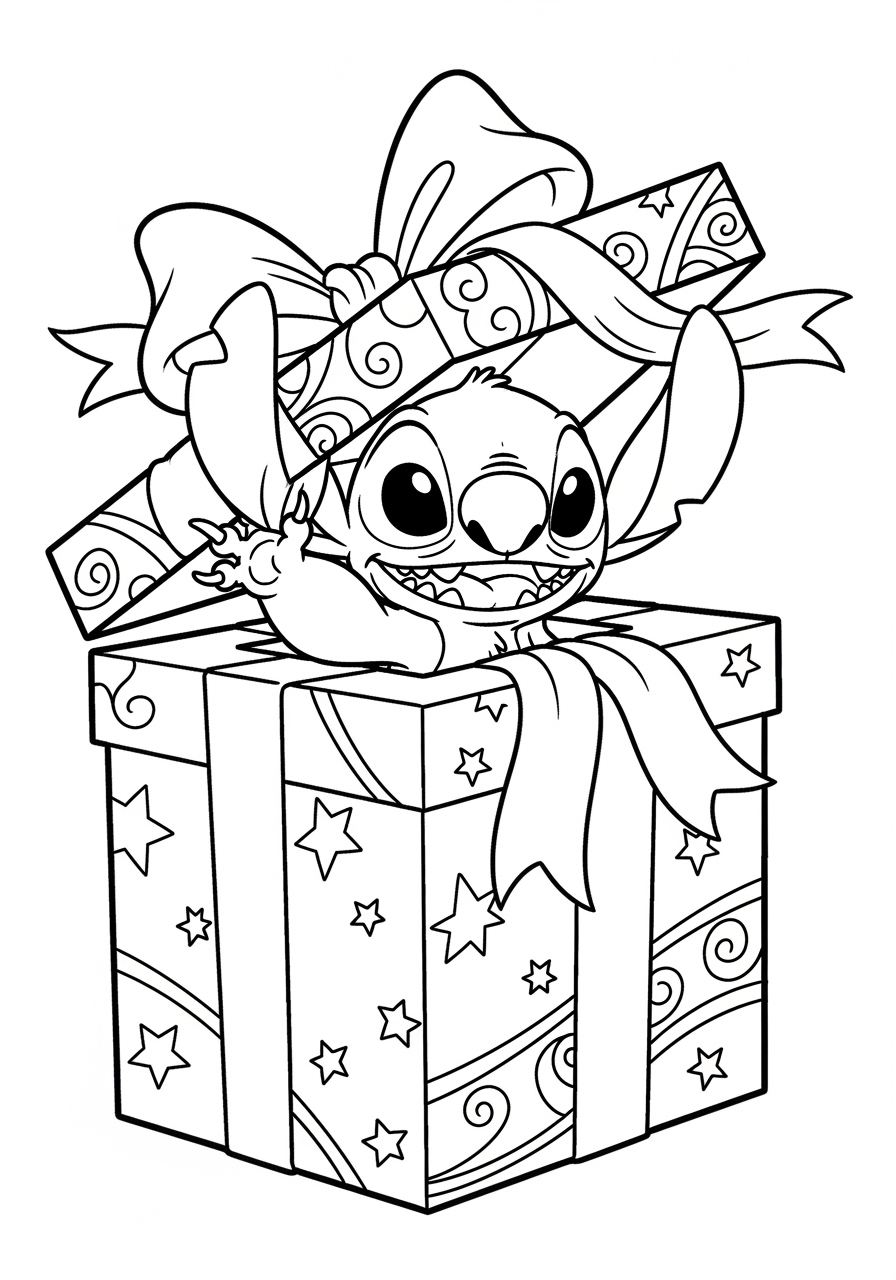 Desenho do Stitch saindo de uma caixa de presente para colorir