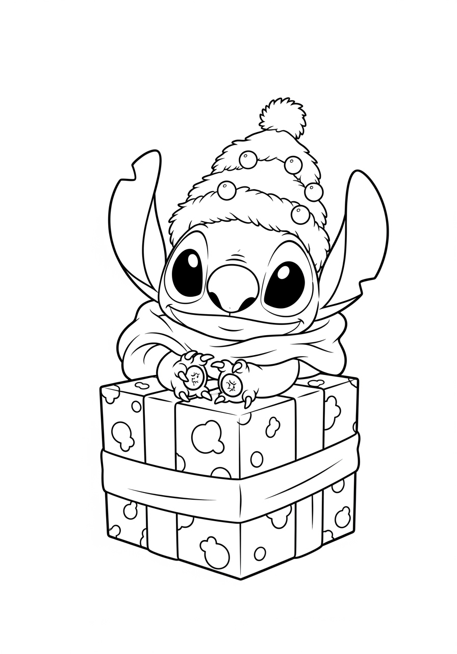 Desenho do Stitch com presente para imprimir e colorir
