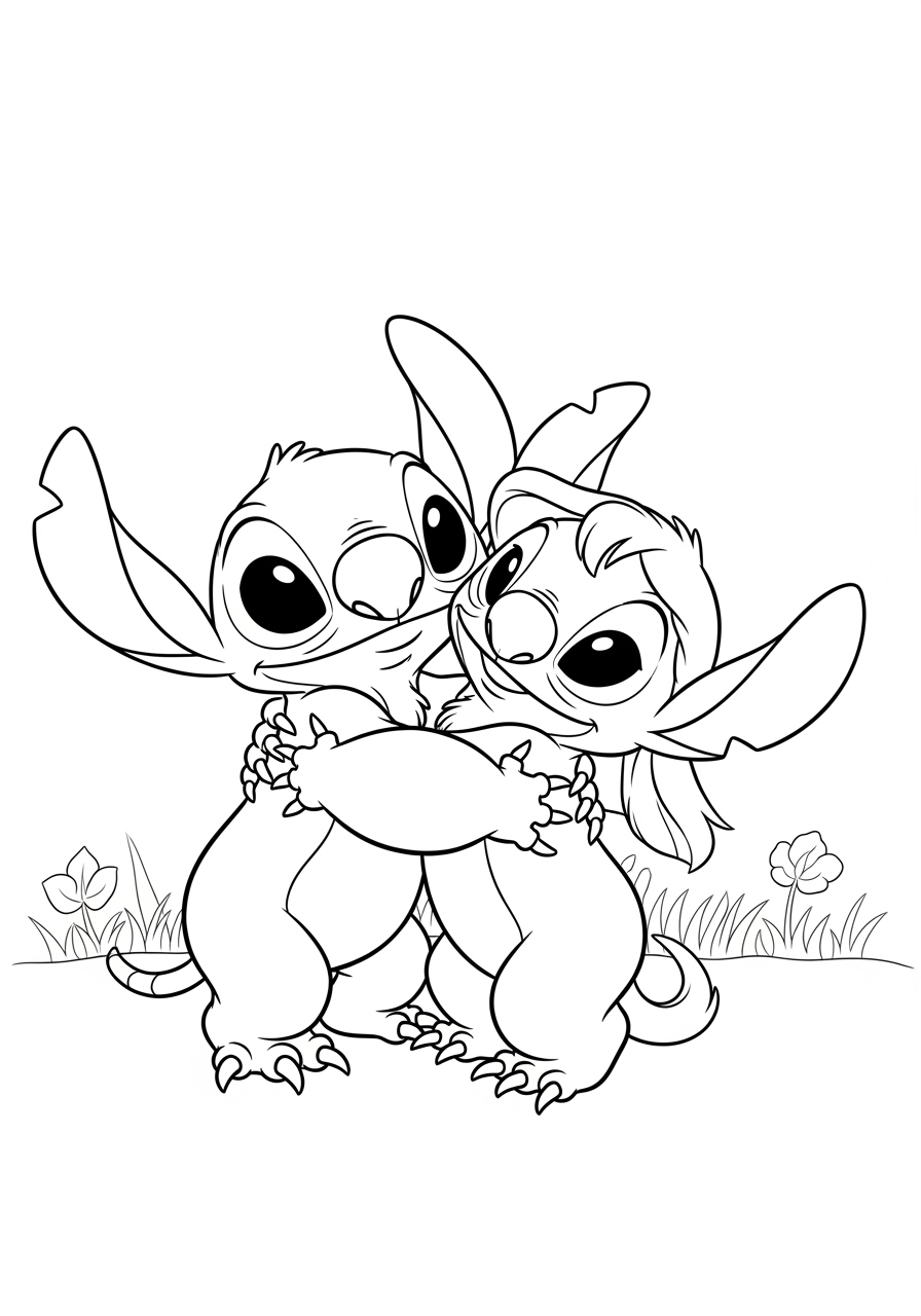 Desenho do Stitch e Angel se abraçando para imprimir e colorir