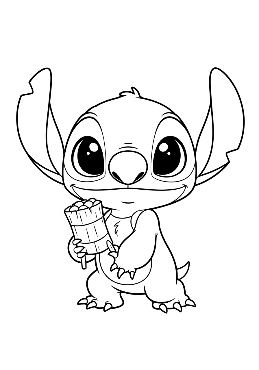 Desenho do Stitch segurando um foguete para imprimir e colorir