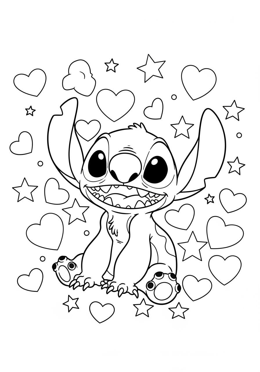 Desenho do Stitch sentado entre corações e estrelas para colorir