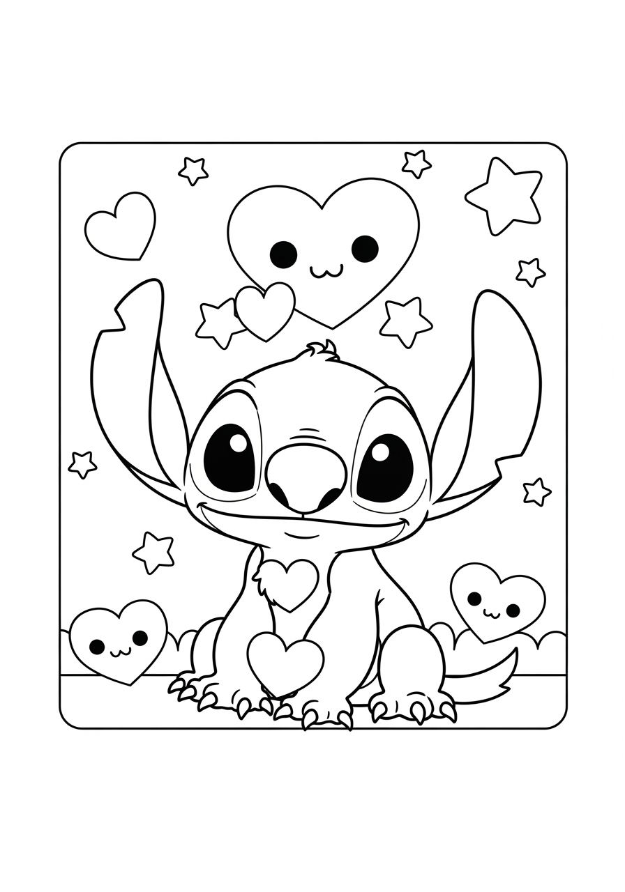 Desenho do Stitch sorrindo com corações e estrelas para colorir