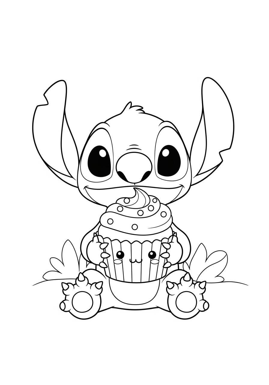 Desenho do Stitch segurando cupcake para imprimir e colorir