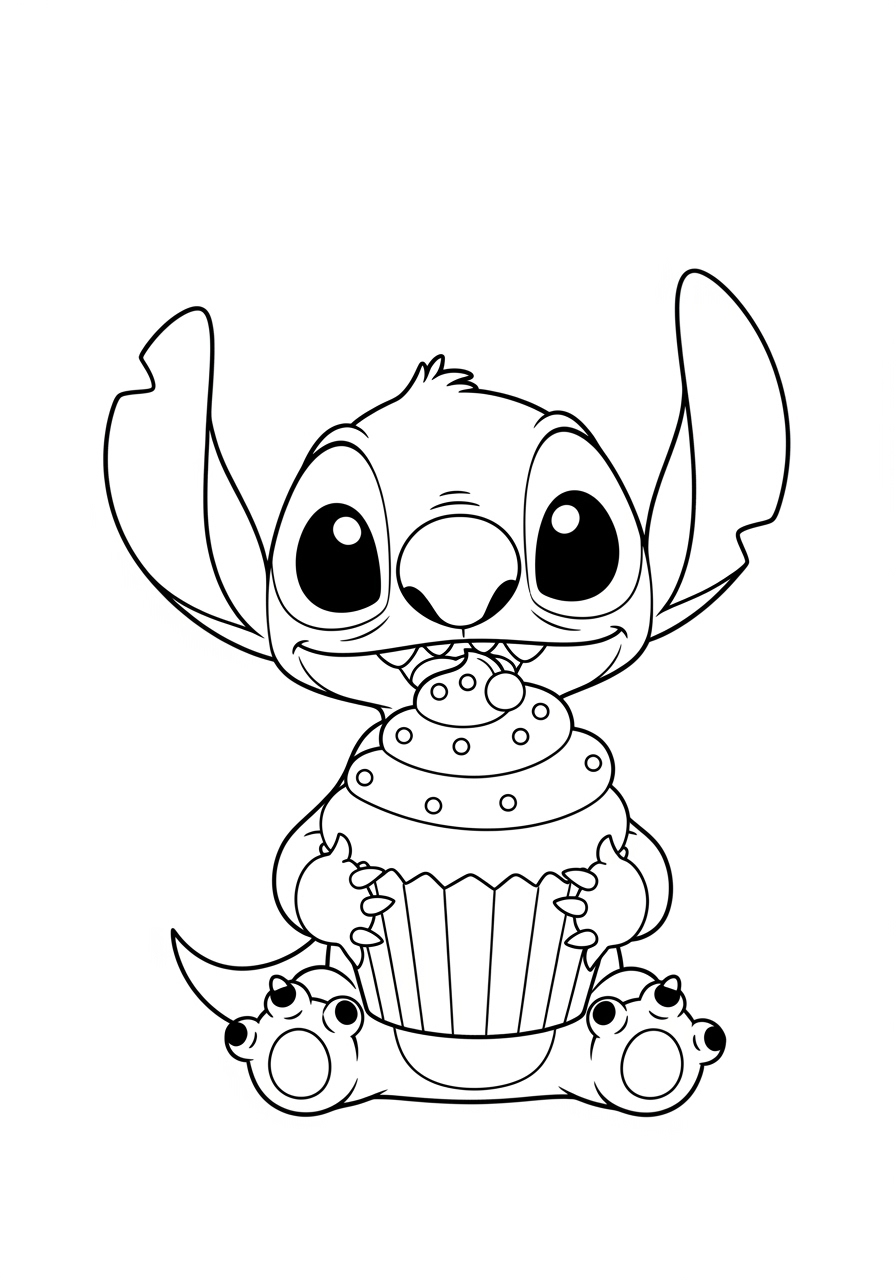 Desenho do Stitch segurando um cupcake para colorir