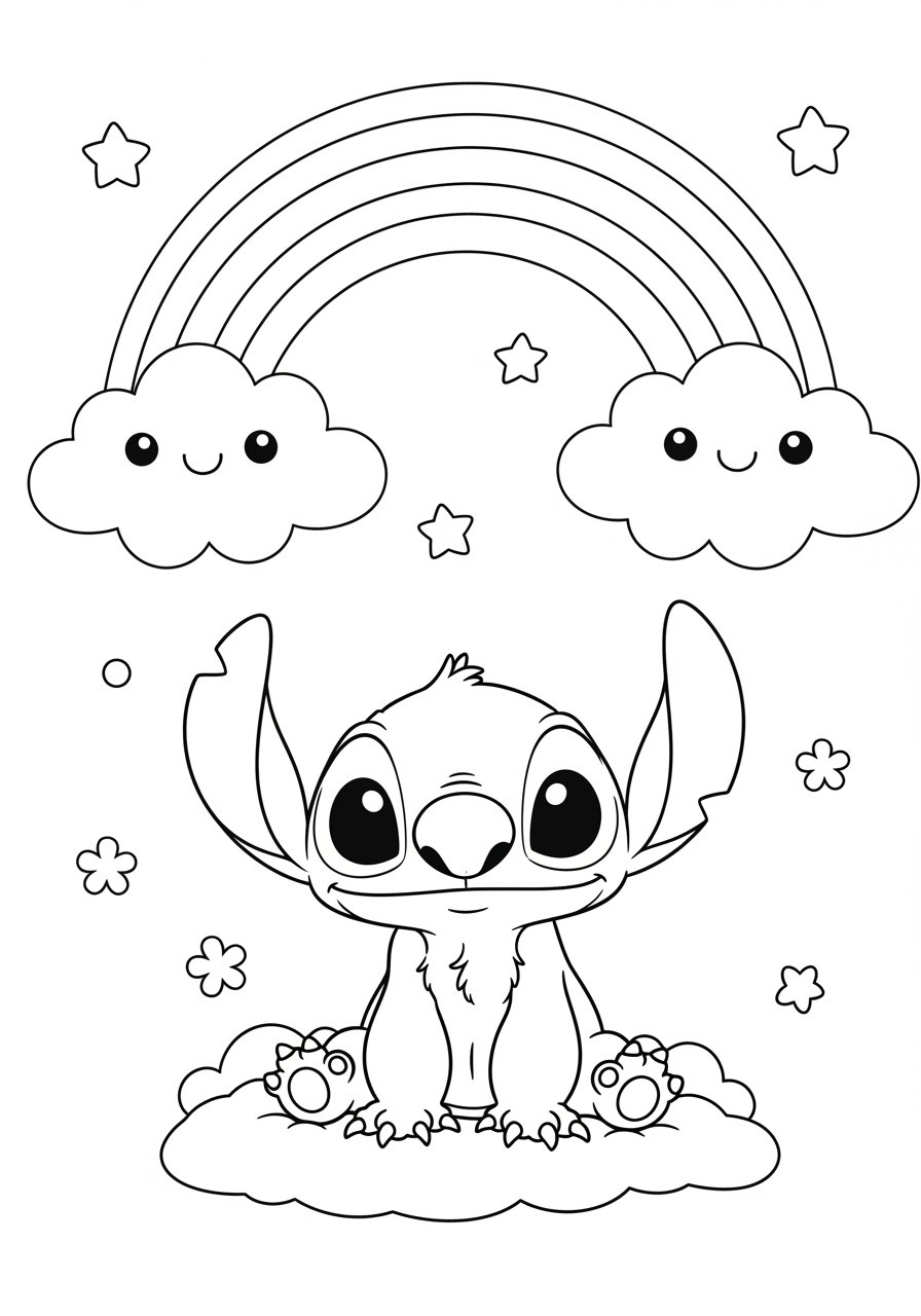 Desenho do Stitch sentado entre nuvens para colorir