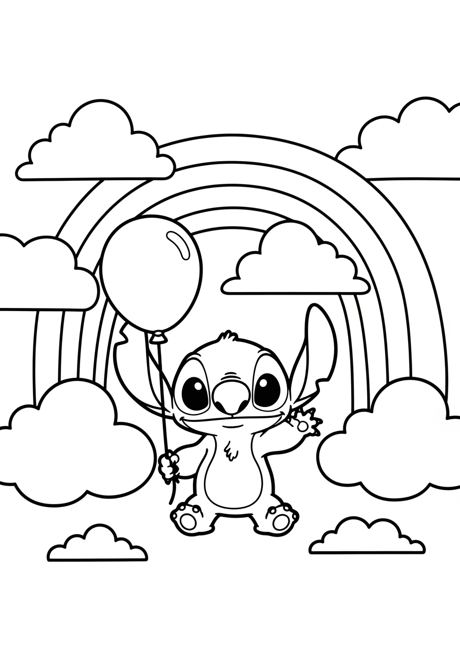 Desenho do Stitch segurando um balão em um arco-íris