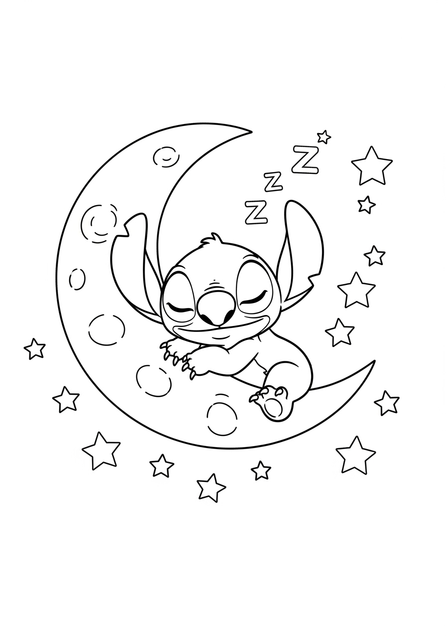 Desenho do Stitch dormindo na lua para imprimir e colorir