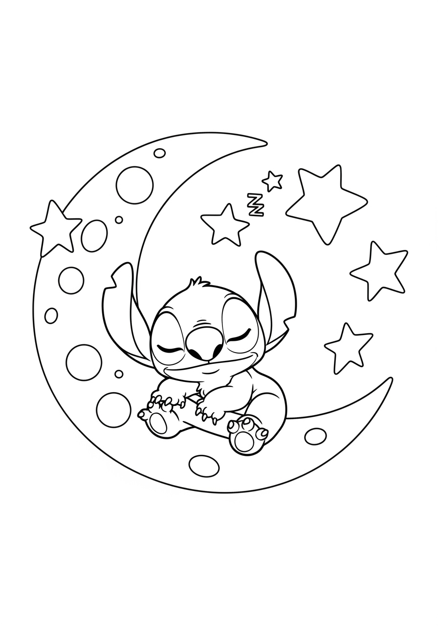 Desenho do Stitch dormindo na lua para imprimir e colorir