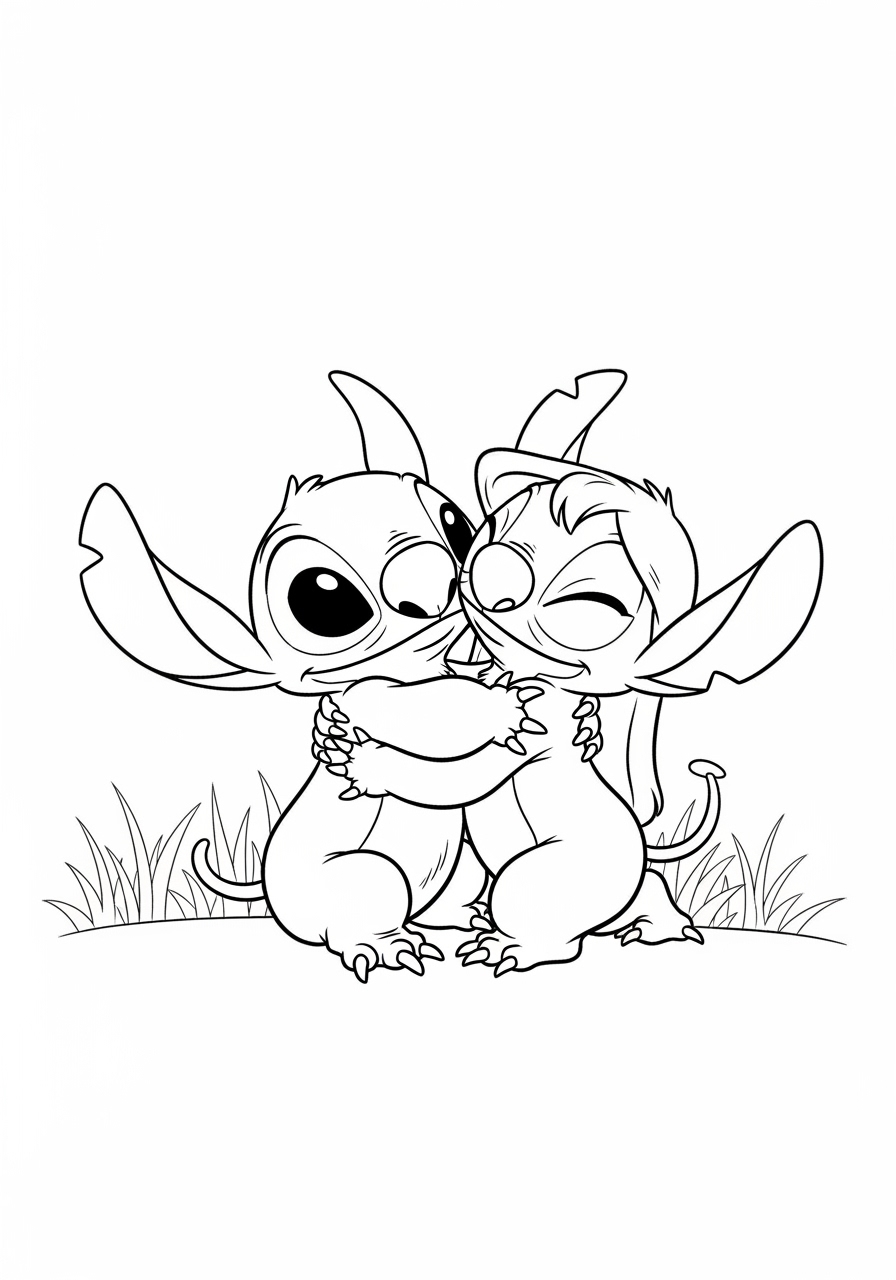 Desenho do Stitch e Angel abraçando para imprimir e colorir