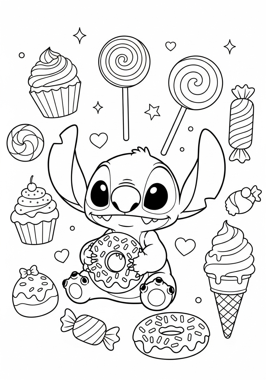 Desenho do Stitch segurando um donut para imprimir e colorir