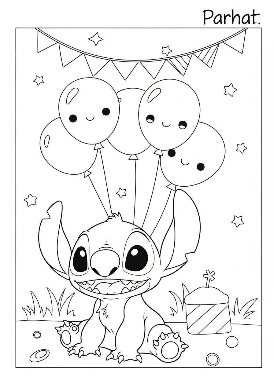 Desenho do Stitch feliz com balões para imprimir e colorir