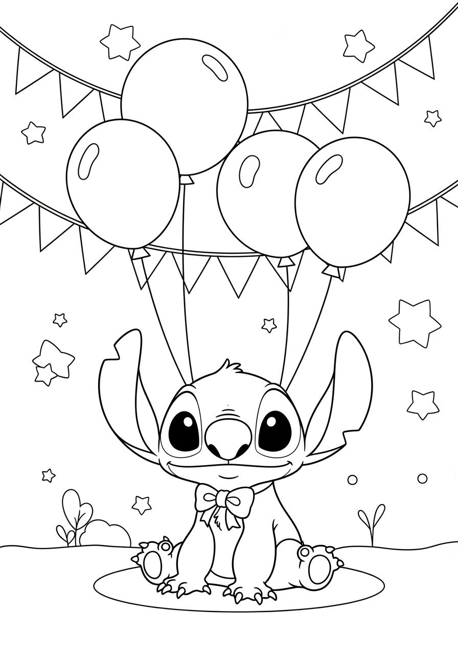 Desenho do Stitch com balões para imprimir e colorir