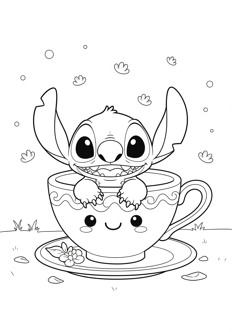 Desenho do Stitch dentro de uma xícara para colorir