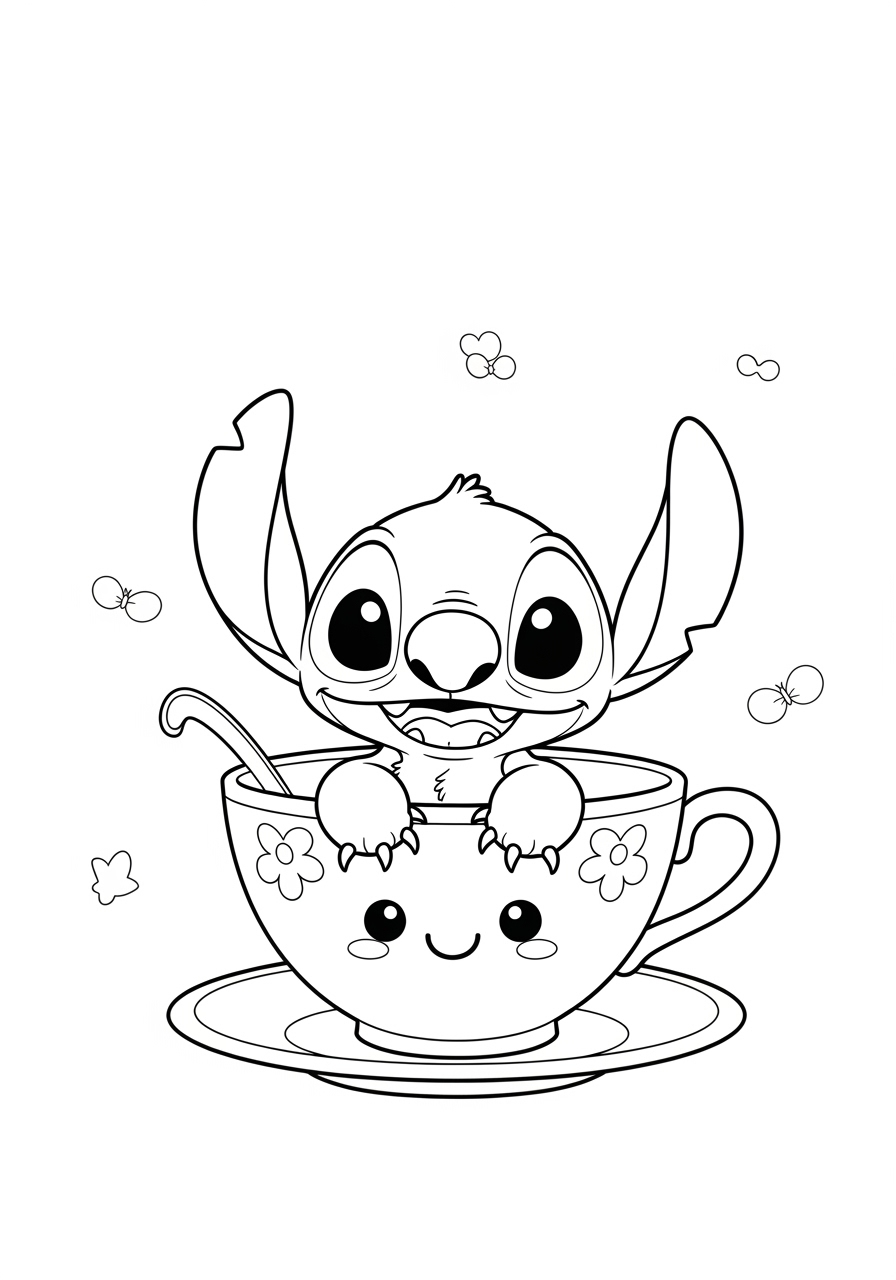 Desenho do Stitch dentro de uma xícara fofo para colorir
