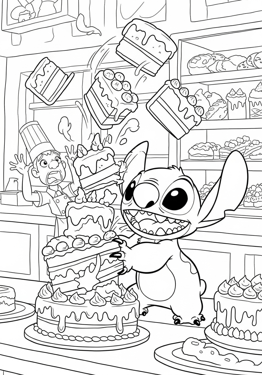 Desenho do Stitch segurando bolo em confeitaria para colorir