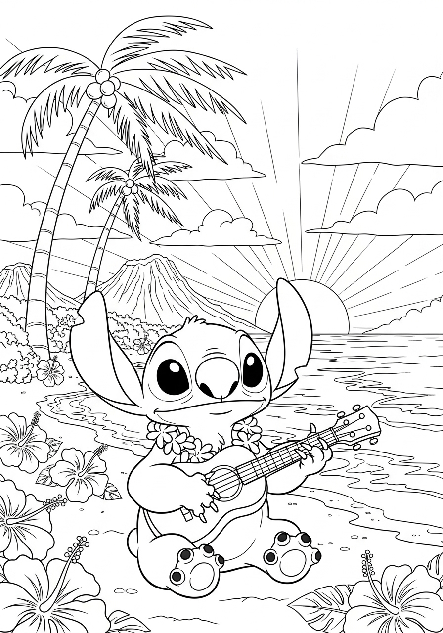 Desenho do Stitch tocando ukulele na praia para colorir