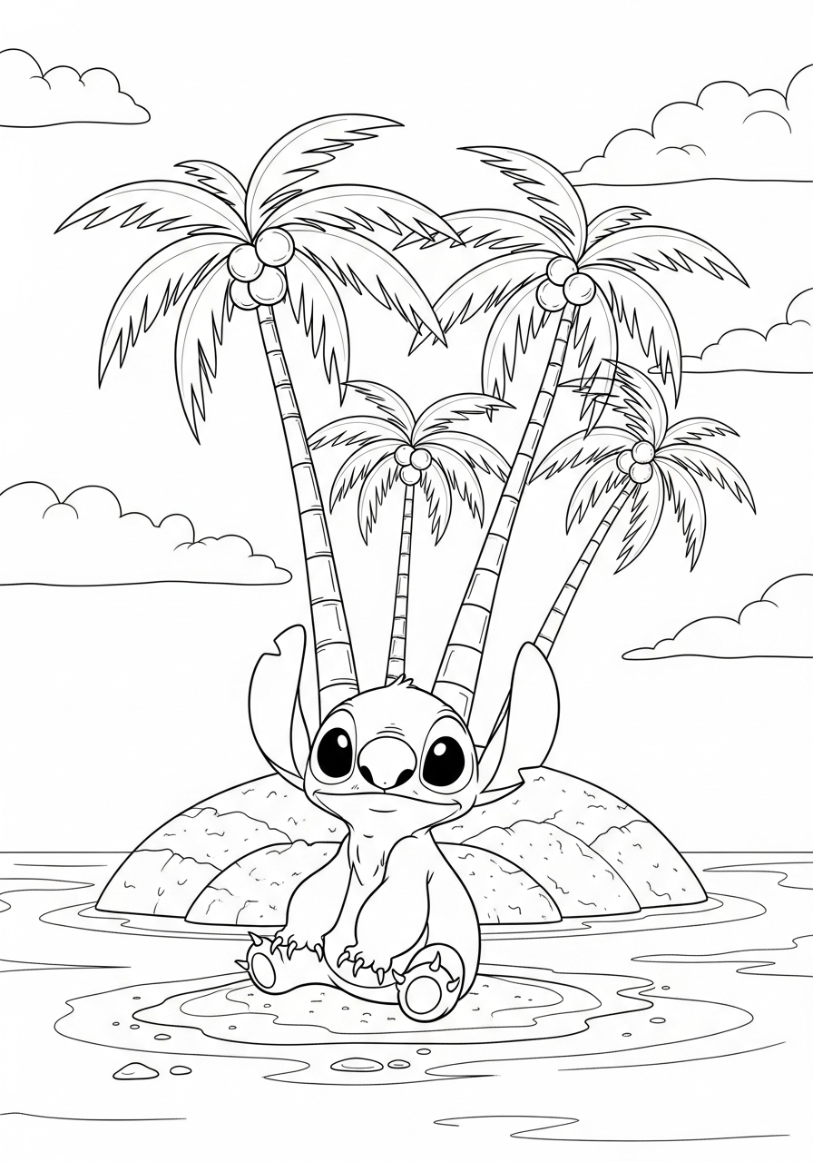 Desenho do Stitch sentado em uma ilha com palmeiras
