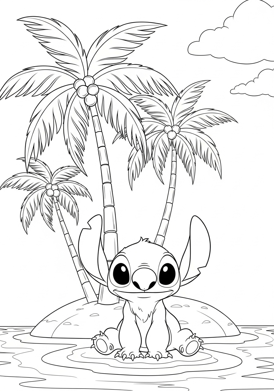 Desenho do Stitch sentado em uma ilha com coqueiros