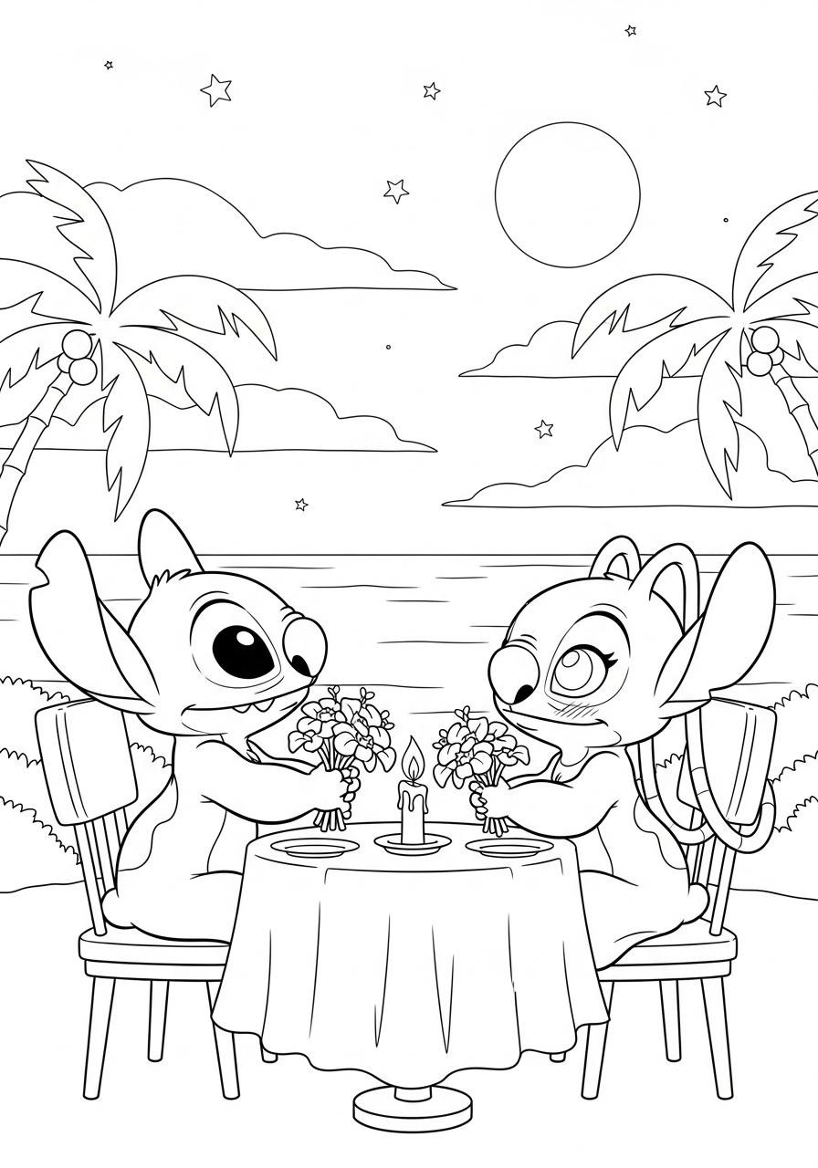 Desenho do Stitch e Angel em jantar romântico para colorir