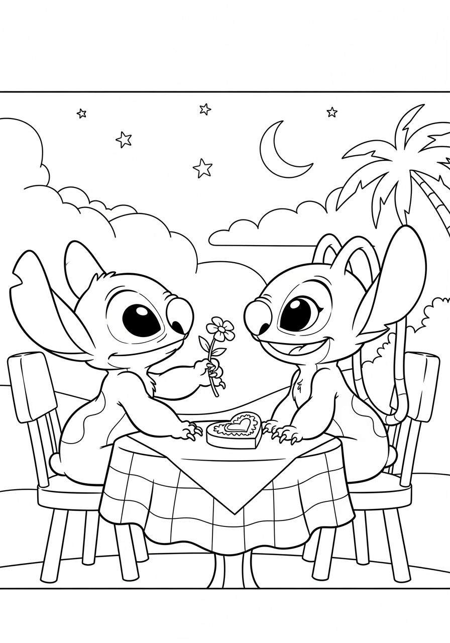 Desenho do Stitch e Angel em um encontro romântico para colorir