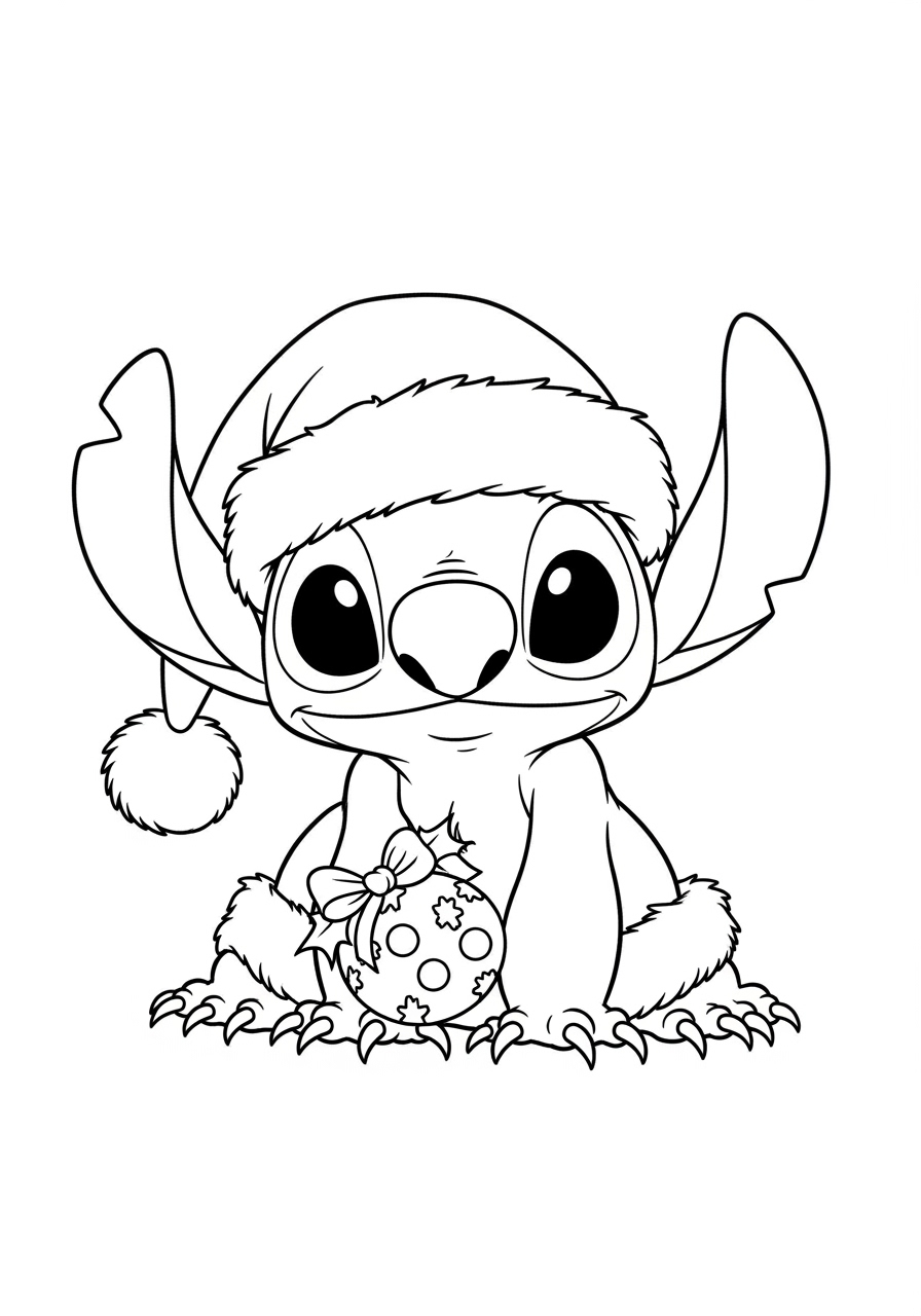 Desenho do Stitch com chapéu de Natal e enfeite para colorir