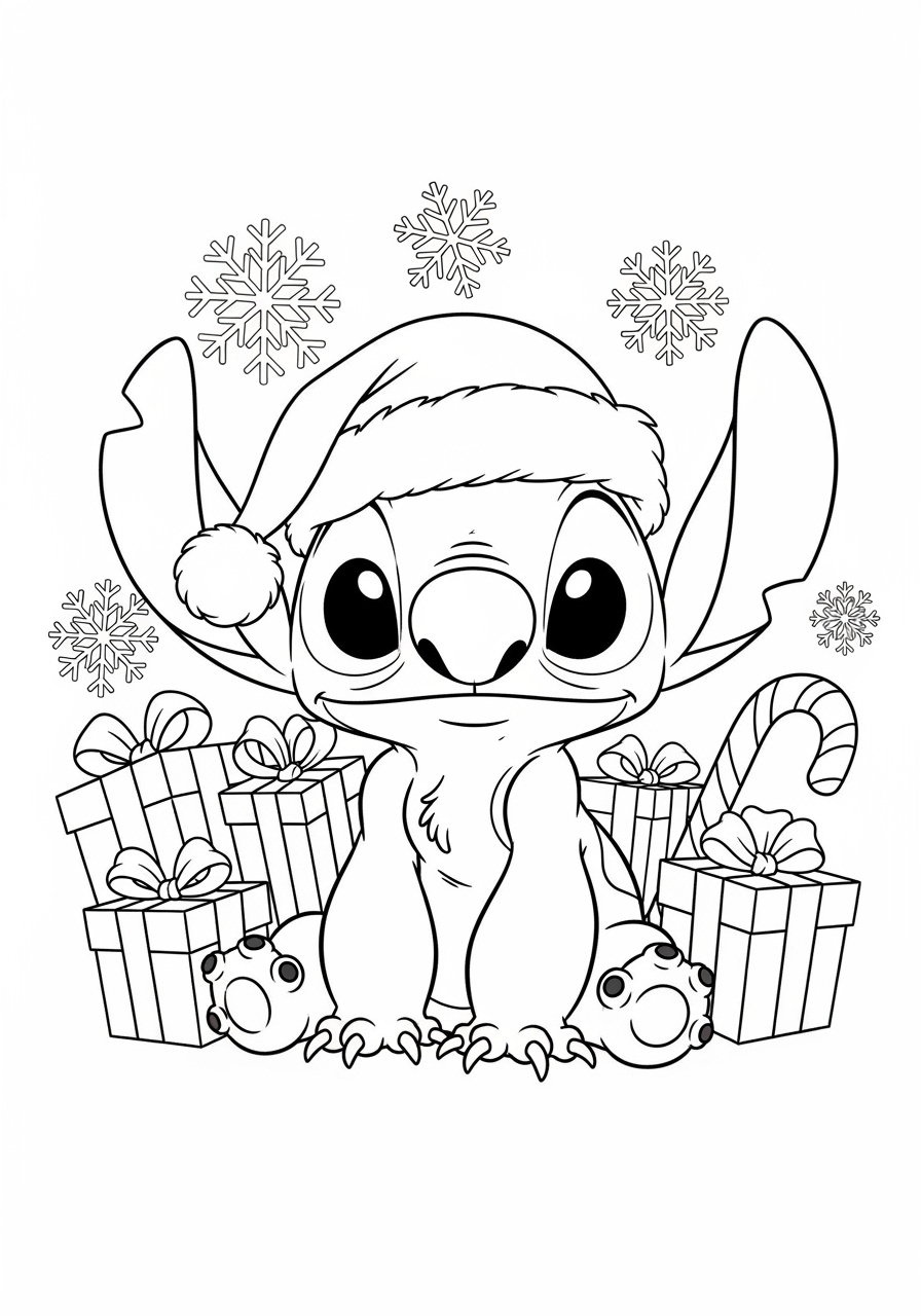 Desenho do Stitch natalino com presentes para colorir