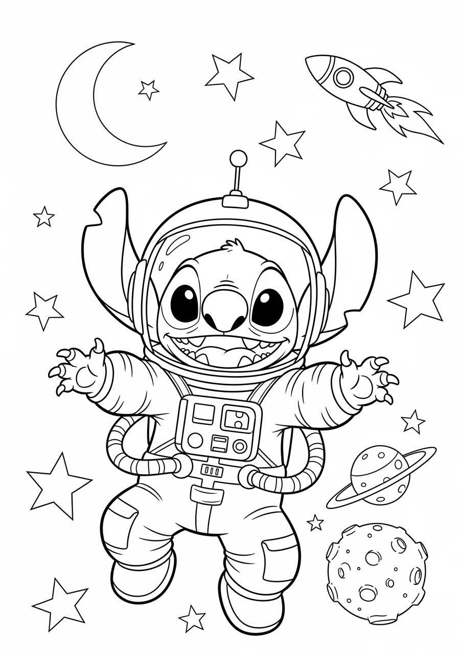 Desenho do Stitch astronauta com estrelas para colorir