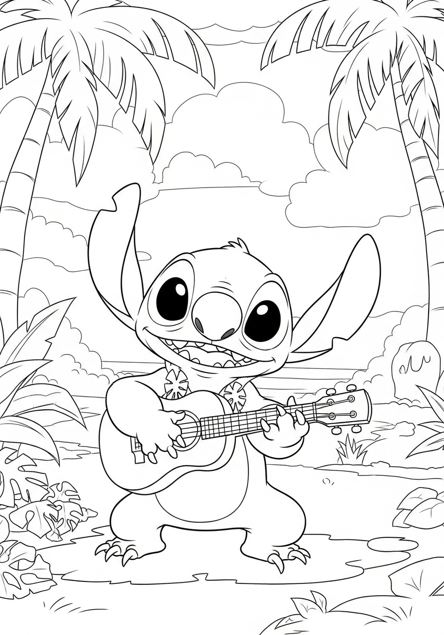 Desenho do Stitch tocando violão em um cenário tropical