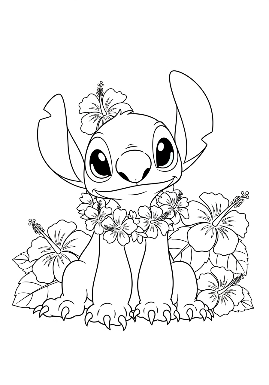 Desenho do Stitch com flores para imprimir e colorir