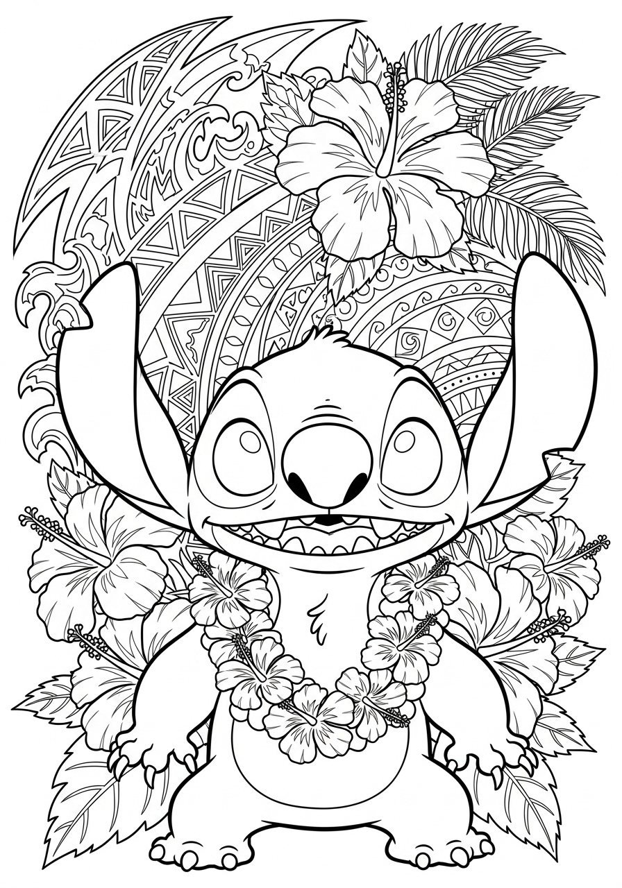Desenho do Stitch sorrindo com flores para imprimir e colorir