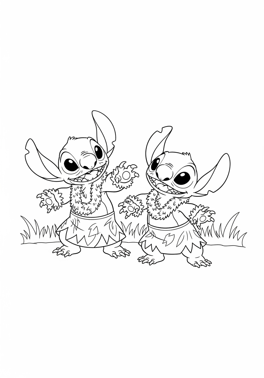 Desenho do Stitch e Angel dançando para imprimir e colorir
