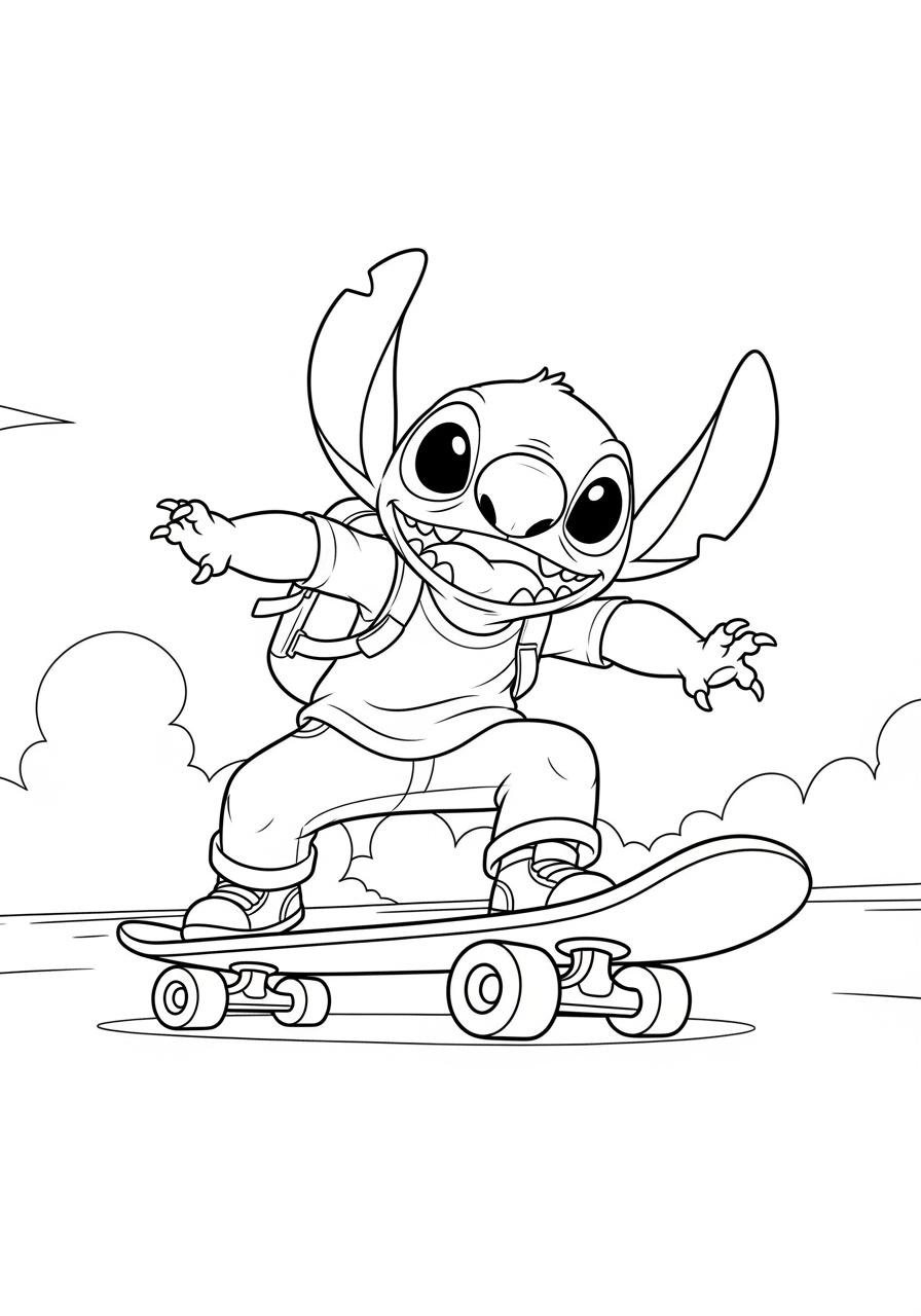 Desenho do Stitch andando de skate para imprimir e colorir