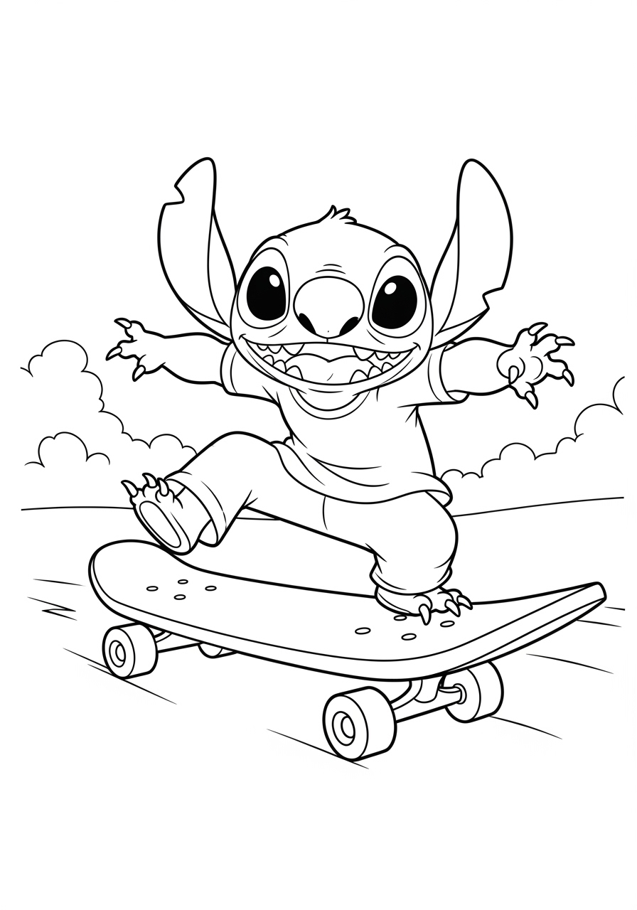 Desenho do Stitch andando de skate para imprimir e colorir