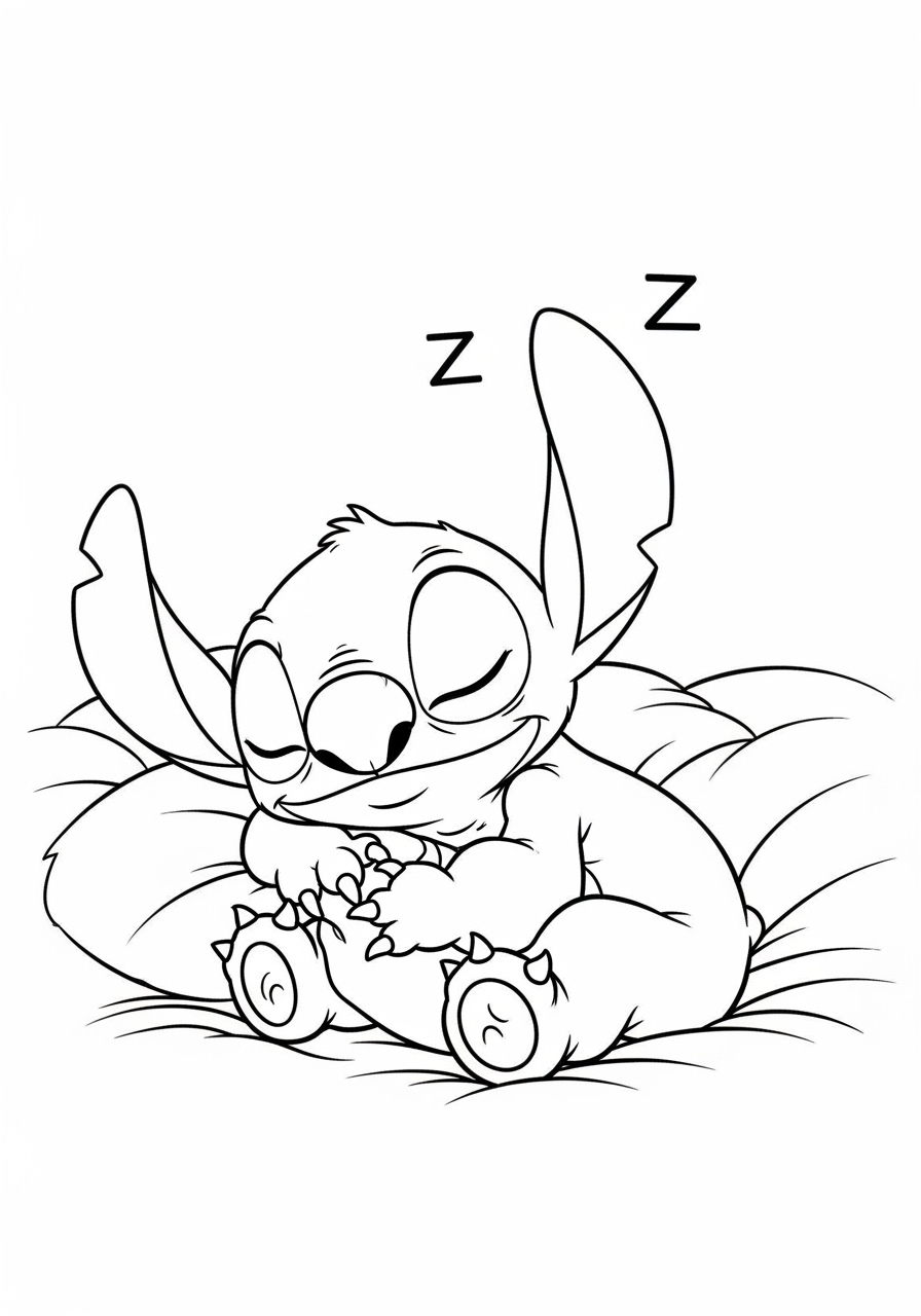 Desenho do Stitch dormindo em um travesseiro para colorir