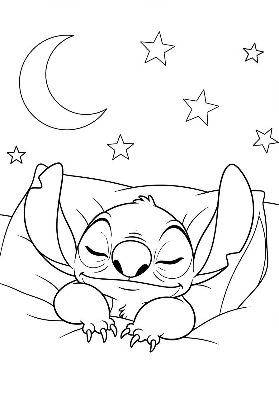 Desenho do Stitch dormindo em uma cama para imprimir e colorir