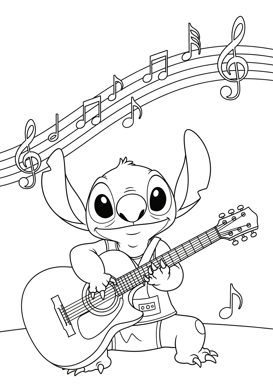 Desenho do Stitch tocando violão para imprimir e colorir