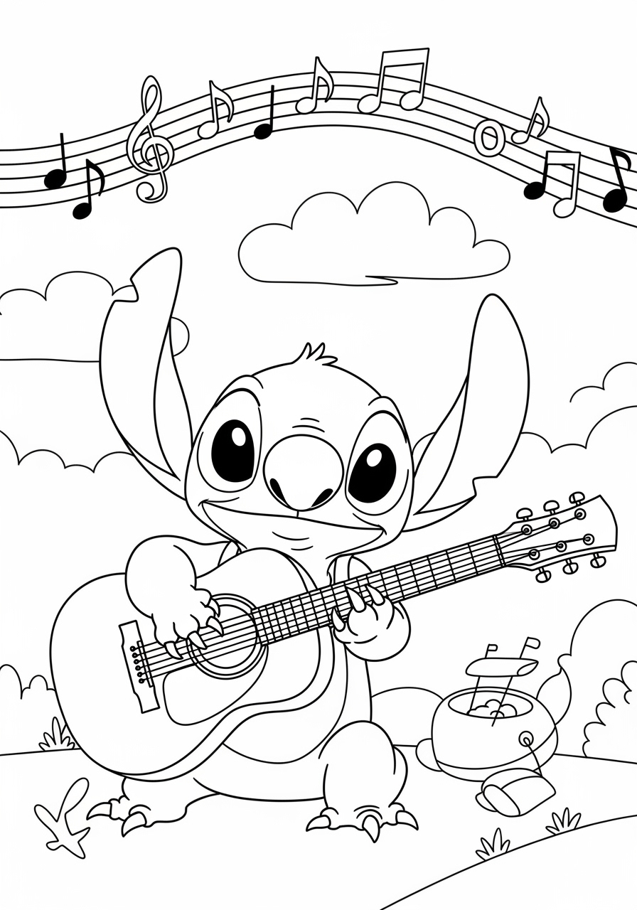 Desenho do Stitch tocando violão para imprimir e colorir